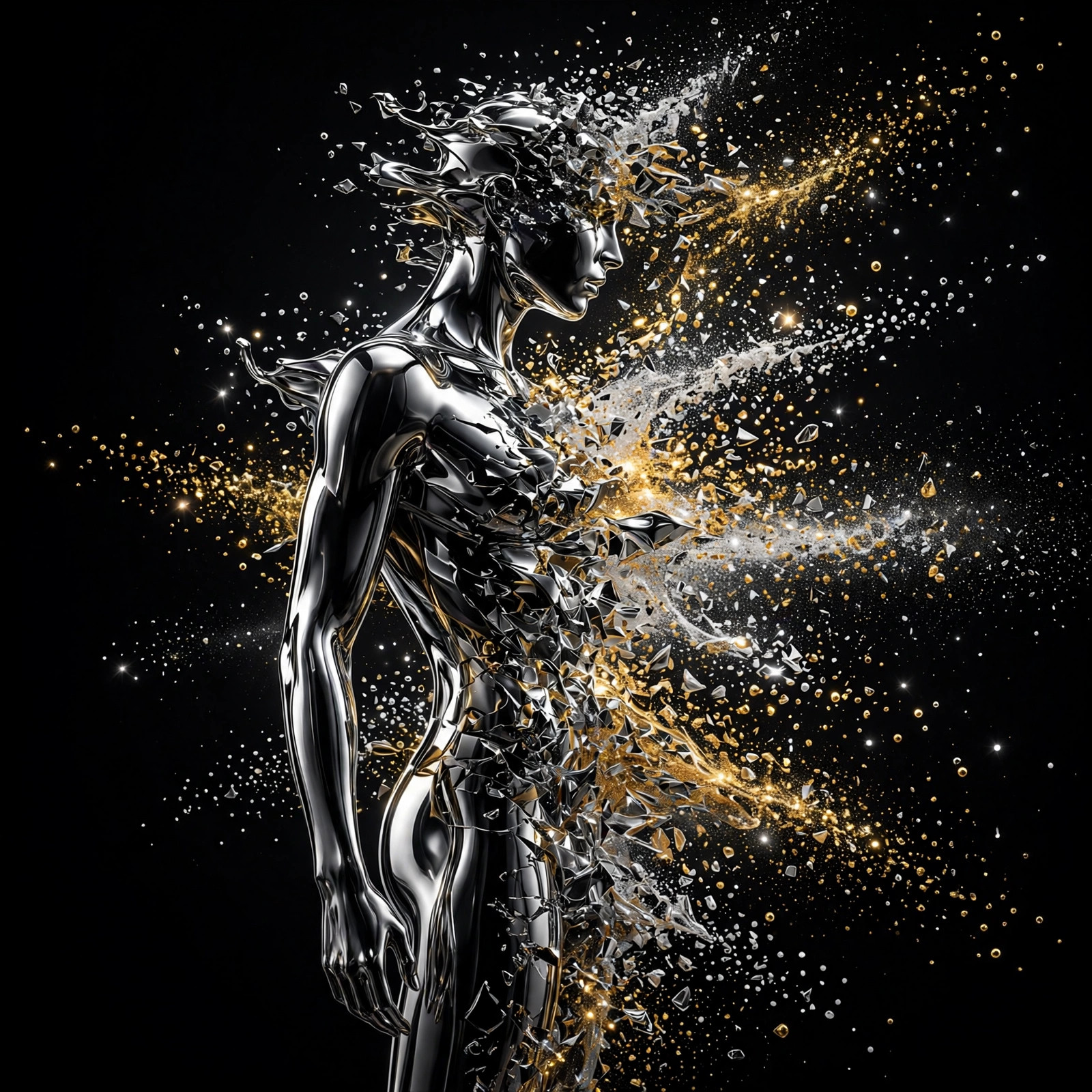 Chrome figure breaking into metallic fragments, Dance release artwork